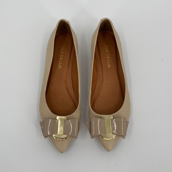 Luz Da Lua pointed toe ballet flat shoe tan cream leather patent bow 36 6 - Picture 4 of 6